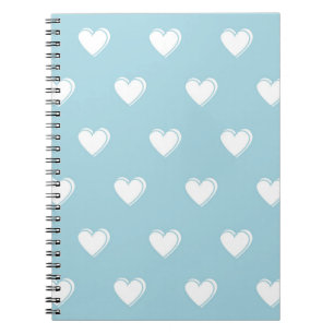 Caderno Espiral Padrão de Coração Simples Branco Azul