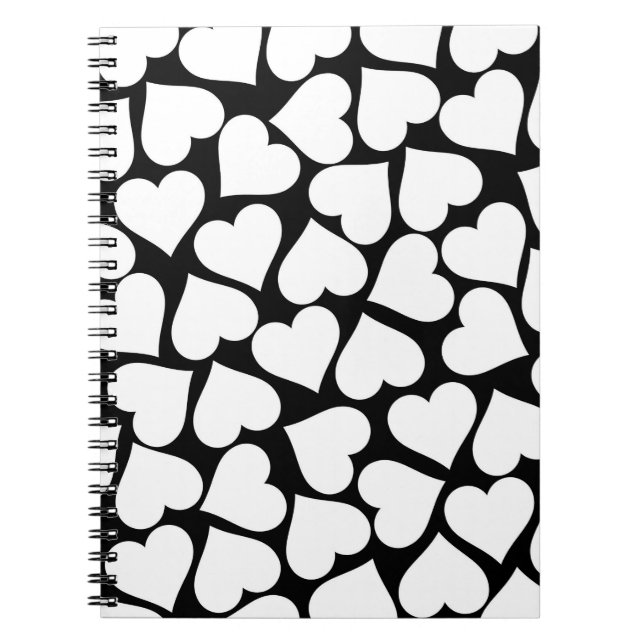 Caderno Espiral Padrão de Coração Simples, Branco e Preto (Frente)