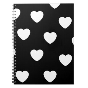 Caderno Espiral Padrão de Coração Simples, Branco e Preto