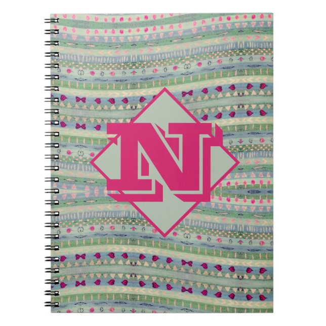 Caderno Espiral Padrão de Corações Rosa e Verde e seu Monograma (Frente)