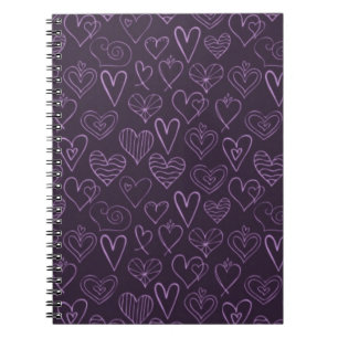 Caderno Espiral Padrão de Corações Roxos Modernos Escuros