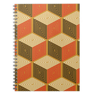 Caderno Espiral Padrão de Cubo Dourado Vermelho