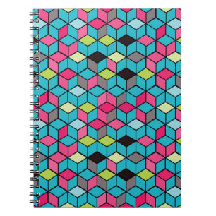 Caderno Espiral Padrão de Cubo Turquesa e Rosa