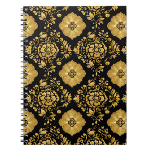 Caderno Espiral Padrão de Damasco Floral Ouro Luxuoso em Preto