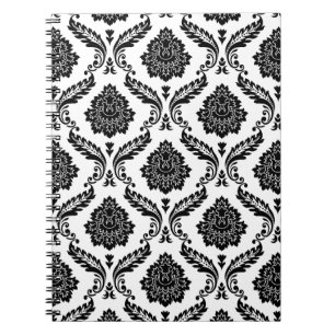 Caderno Espiral Padrão de Damasco Rococó Preto no Branco