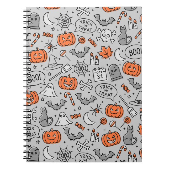 Caderno Espiral Padrão de desenho infantil de Halloween fofo (Frente)