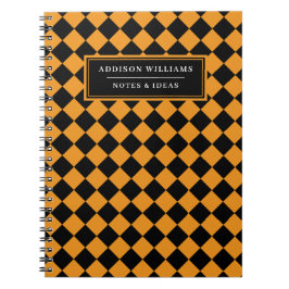 Caderno Espiral Padrão de Diamante Negro Laranja do Halloween