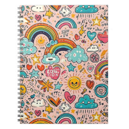 Caderno Espiral Padrão de Doodle de Arco-íris Fofo