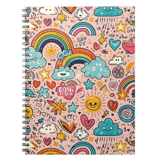 Caderno Espiral Padrão de Doodle de Arco-íris Fofo (Frente)