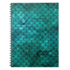 Caderno Espiral Padrão de escamas de sereia ombre azul-verde glâmo