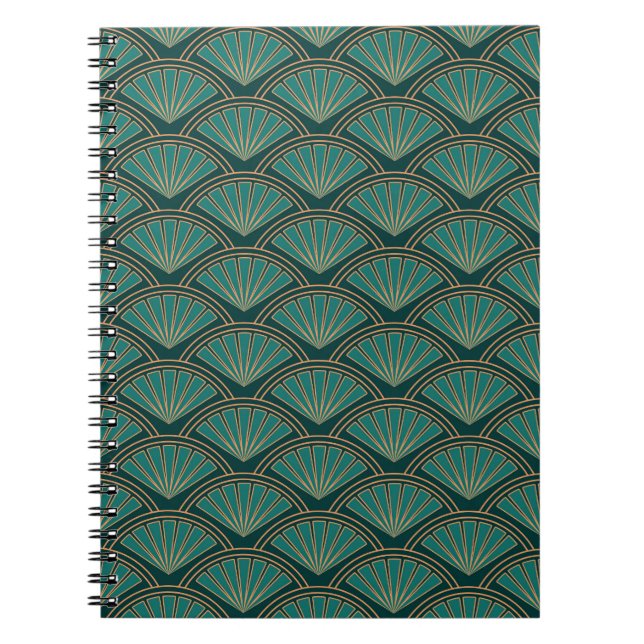 Caderno Espiral Padrão de estilo Art Deco em cor verde real (Frente)