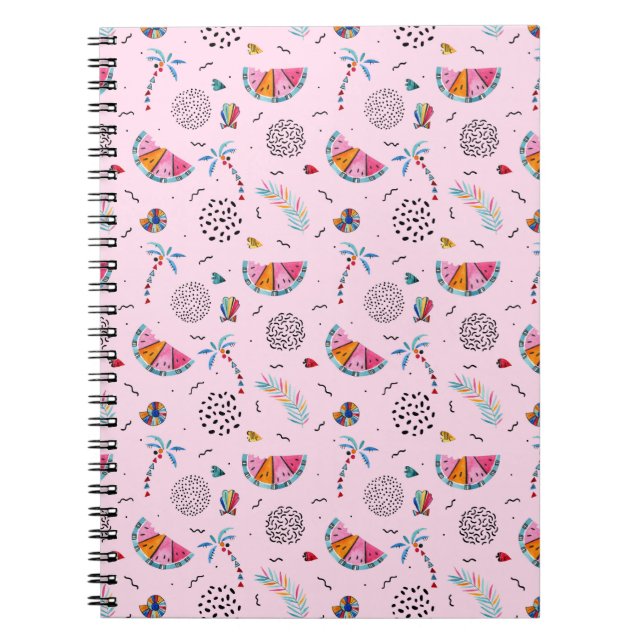 Caderno Espiral Padrão de Estilo de Memphis Rosa Tropical (Frente)