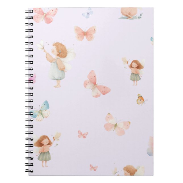 Caderno Espiral Padrão de Fada Pastel com Design de Borboleta Fofo (Frente)