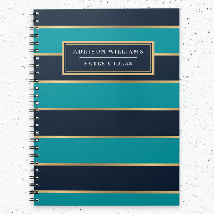 Caderno Espiral Padrão de Faixa Dourada Azul do Nome Personalizado