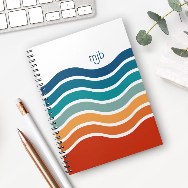 Caderno Espiral Padrão de faixas de onda retrorreflector com qualq (A colorful notebook with retro vibes to personalize with your monogram initials.)