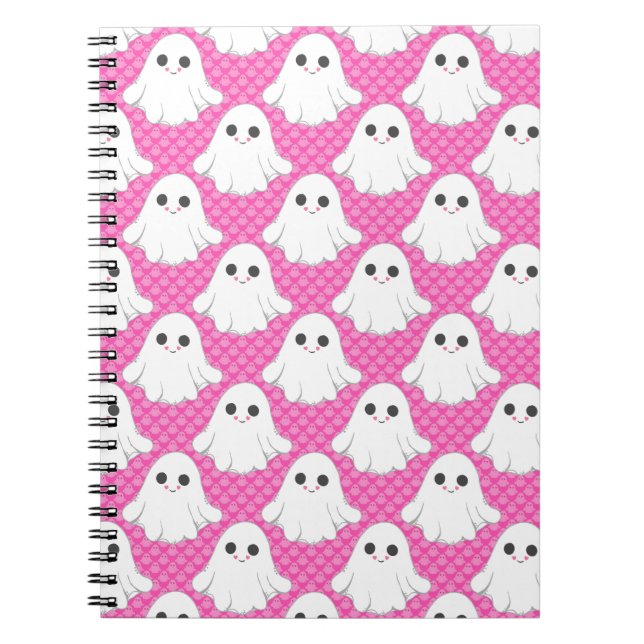 Caderno Espiral Padrão de Fantasma Rosa Fofo Kawaii Halloween Spir (Frente)
