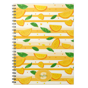 Caderno Espiral Padrão de Fatia Laranja com Folhas Verdes