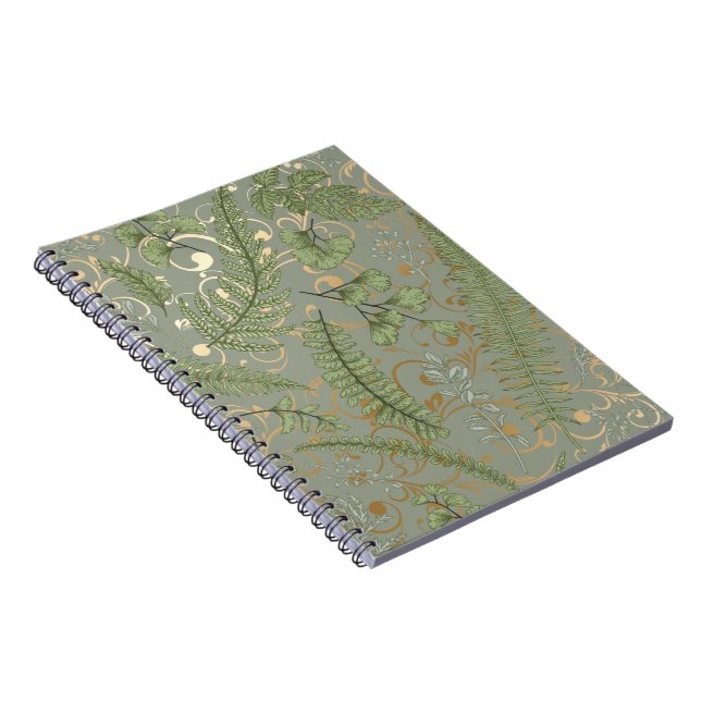 Caderno Espiral Padrão de Fern Verde e Dourado (Lado Direito)