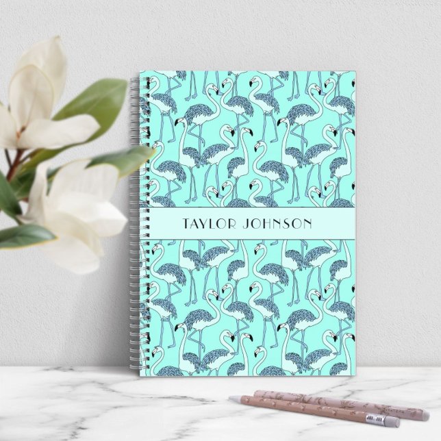 Caderno Espiral Padrão de Flamingos Azul Moderno (Modern Blue Flamingos Pattern Notebook)