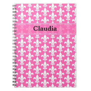 Caderno Espiral Padrão de Fleur de Lis, branco e rosa quente