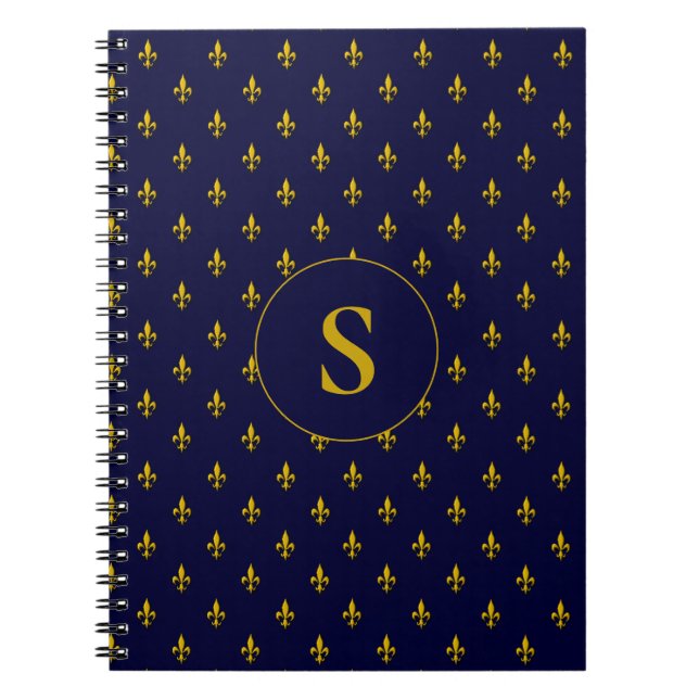 Caderno Espiral Padrão de Fleur de Lis Dourado sobre Azul Real (Frente)