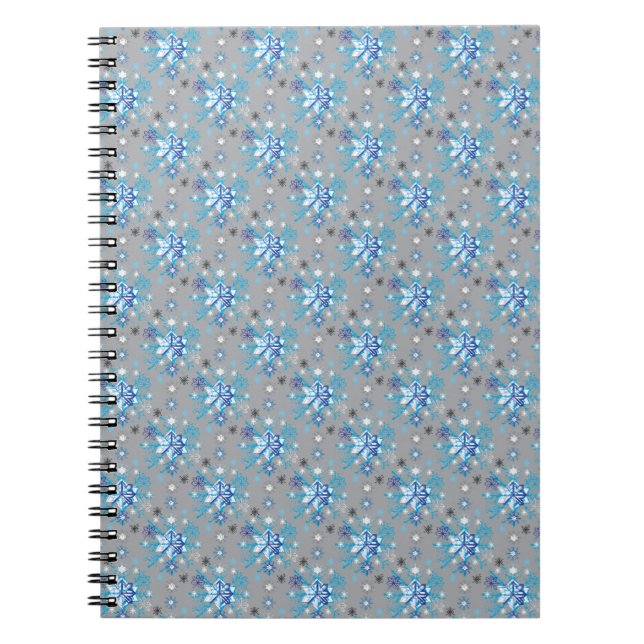 Caderno Espiral Padrão de Flocos de Neve de cinzas modernas e azui (Frente)