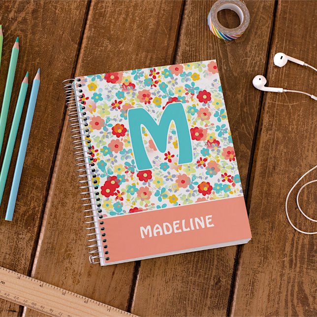 Caderno Espiral Padrão de Flor Azul Água Rosa Coral Personalizado (Criador carregado)