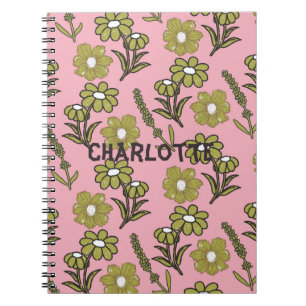 Caderno Espiral Padrão de Flor de Hippie Funky Y2K Retro Rosa Verd