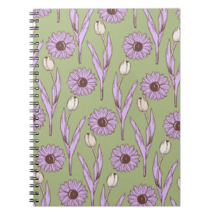 Caderno Espiral Padrão de Flor de Hippie Funky Y2K Retro Roxo Verd