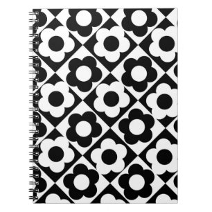 Caderno Espiral Padrão de Flor de Xadrez de Diamante Preto e Branc