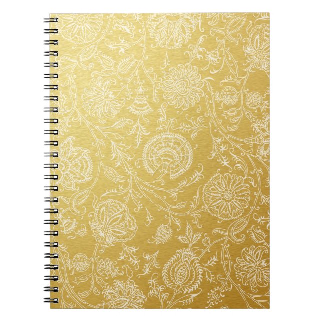Caderno Espiral Padrão de Flor Dourado e Branco (Frente)