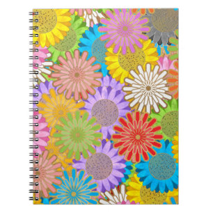 Caderno Espiral Padrão de Flor Hippie Caótico Colorido e Vibrante