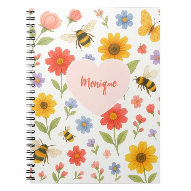 Caderno Espiral Padrão de Flor Rosa Laranja Personalizável e Abelh (Frente)