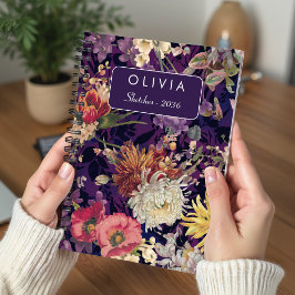 Caderno Espiral Padrão de Flor Silvestre Roxa Elegante Amarela