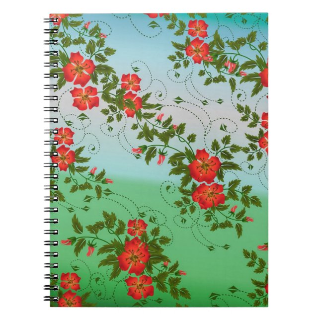 Caderno Espiral Padrão de Flor Vermelho e Verde (Frente)