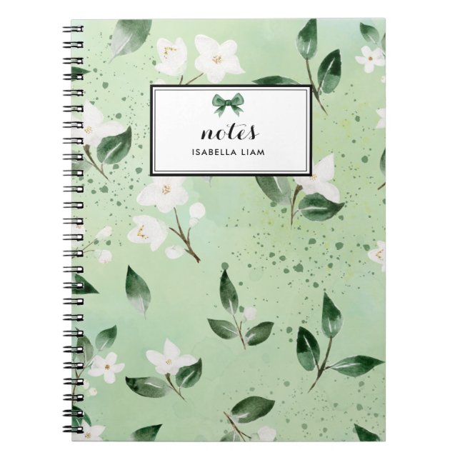 Caderno Espiral Padrão de Flores Brancas de Molerza Verde Elegante (Frente)