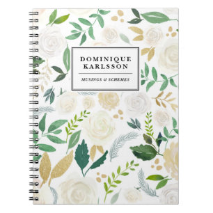 Caderno Espiral Padrão de Flores de Aquarela com Brilhante Dourada
