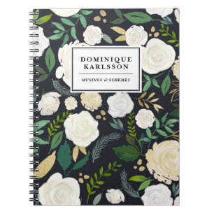 Caderno Espiral Padrão de flores de aquarela em quadro negro Doura