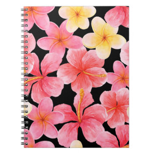Caderno Espiral Padrão de Flores de Hibiscus Plumeria Watercolor