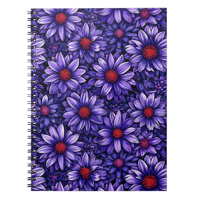Caderno Espiral Padrão de flores estilizadas roxas (Frente)
