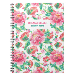 Caderno Espiral Padrão de Flores Rosa Brilhante Elegante