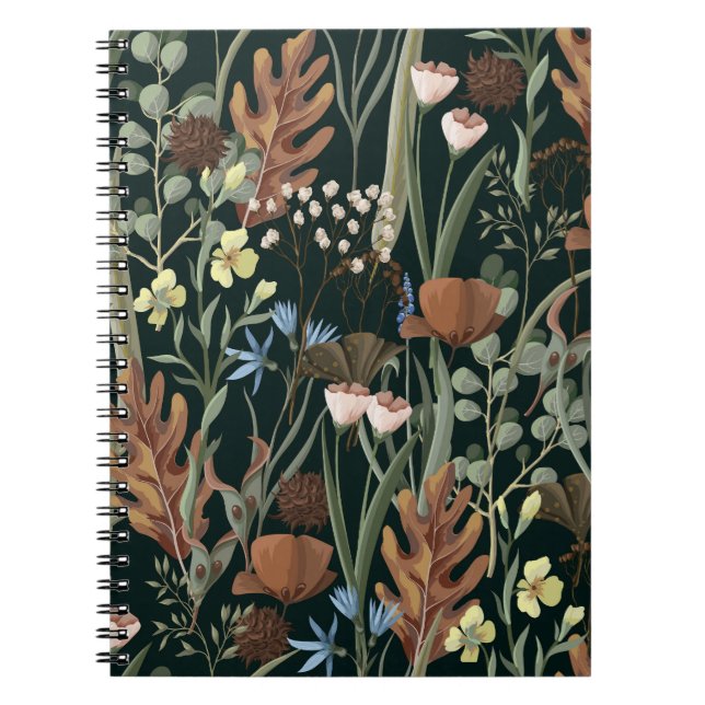 Caderno Espiral Padrão de Flores Selvagens e Secas. (Frente)
