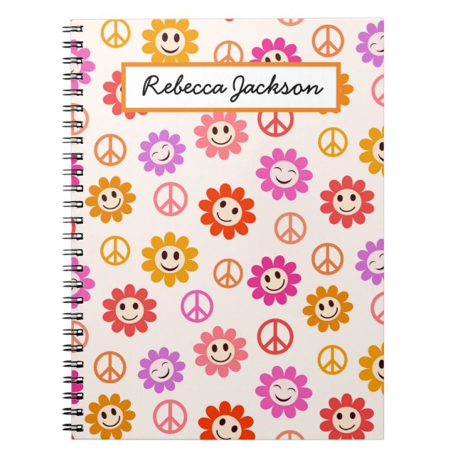 Caderno Espiral Padrão de Flores Sorridente com sinais de paz Meni (Frente)