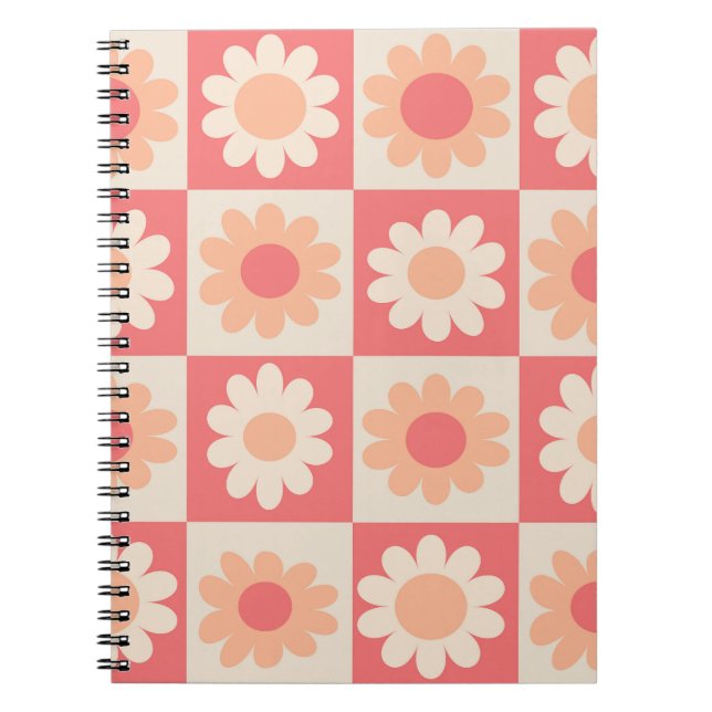 Caderno Espiral Padrão de Flores Xadrez Peach Fuzz Retro (Frente)