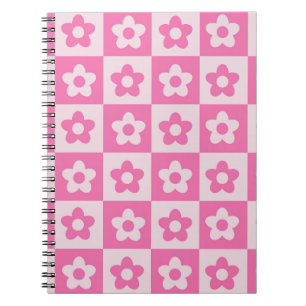 Caderno Espiral Padrão de Flores Xadrez Rosa e Branco Retrô