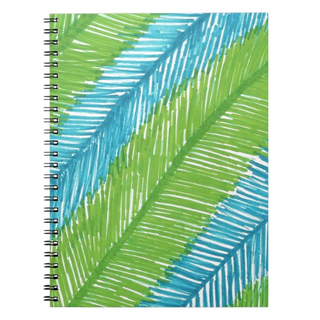 Caderno Espiral Padrão de Folhas de Palma Verde e Azul (Frente)