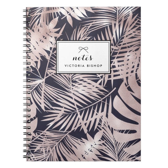 Caderno Espiral Padrão de Folhas Tropicais Douradas Rosa femininas (Frente)