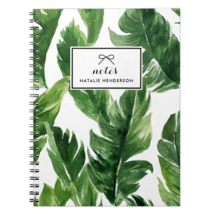 Caderno Espiral Padrão de Folhas Tropicais Verde de Aquarela