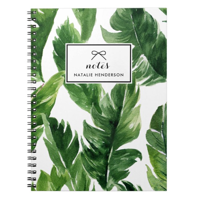 Caderno Espiral Padrão de Folhas Tropicais Verde de Aquarela (Frente)