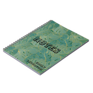 Caderno Espiral Padrão de folhas verdes e douradas